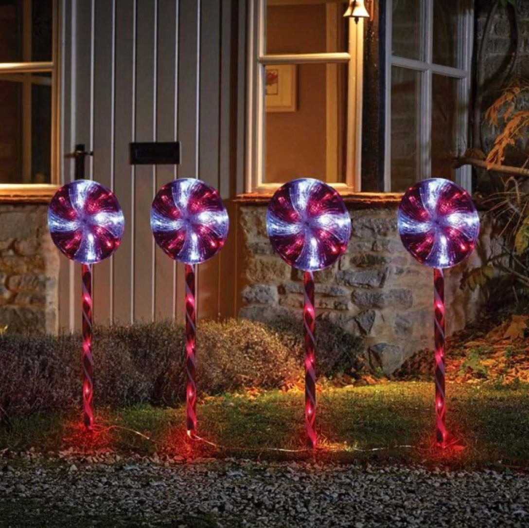 Set of 4 Light-Up Candy Cane Pathway Stakes – Red & White Swirl Outdoor Christmas Lights