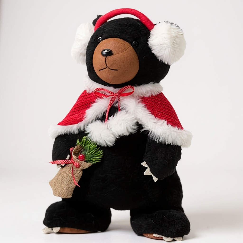 Christmas Black Bear with Red Cape – Holiday Plush Decoration with Earmuffs & Pine Bouquet