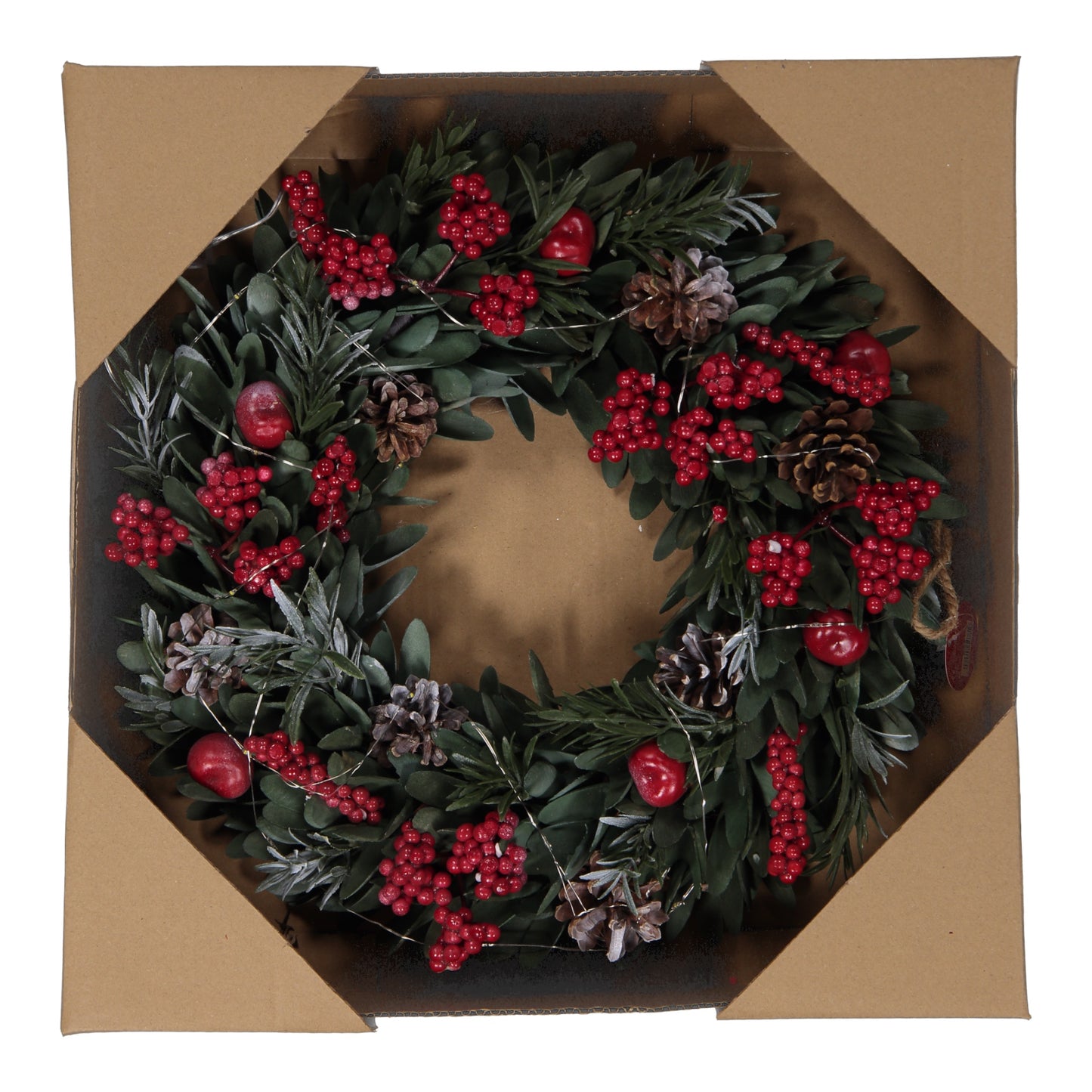 Red Berry & Pinecone Christmas Wreath – 40cm LED Lighted Holiday Door Decoration