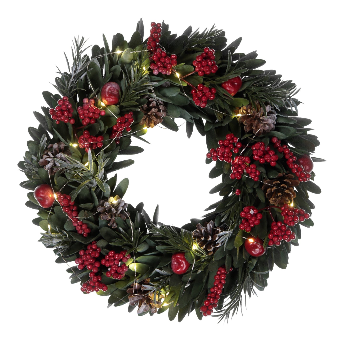 Decorative wreath with red berries and lights on a white background