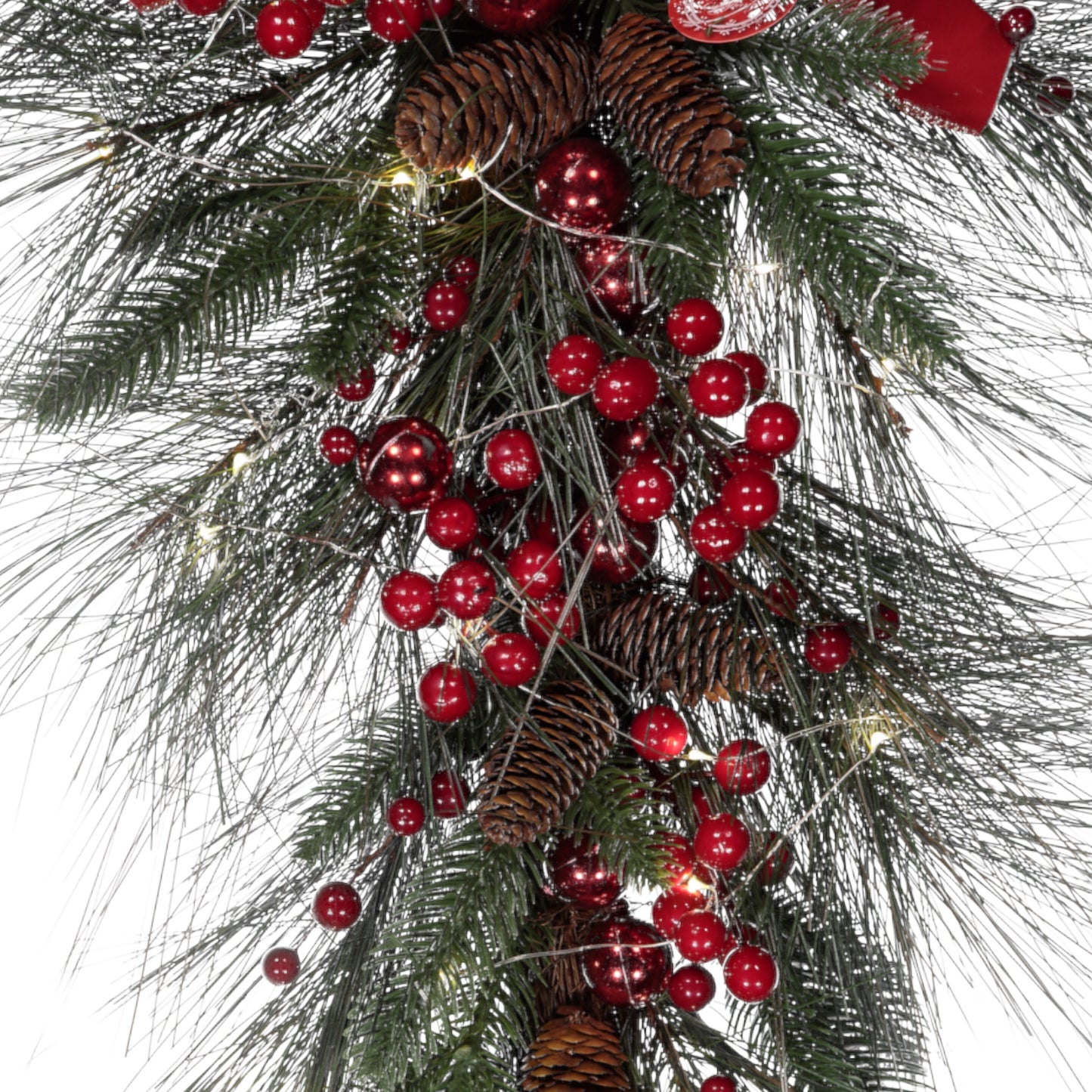 Lighted Christmas Swag with Red Berries, Pinecones & Bow – Teardrop Design