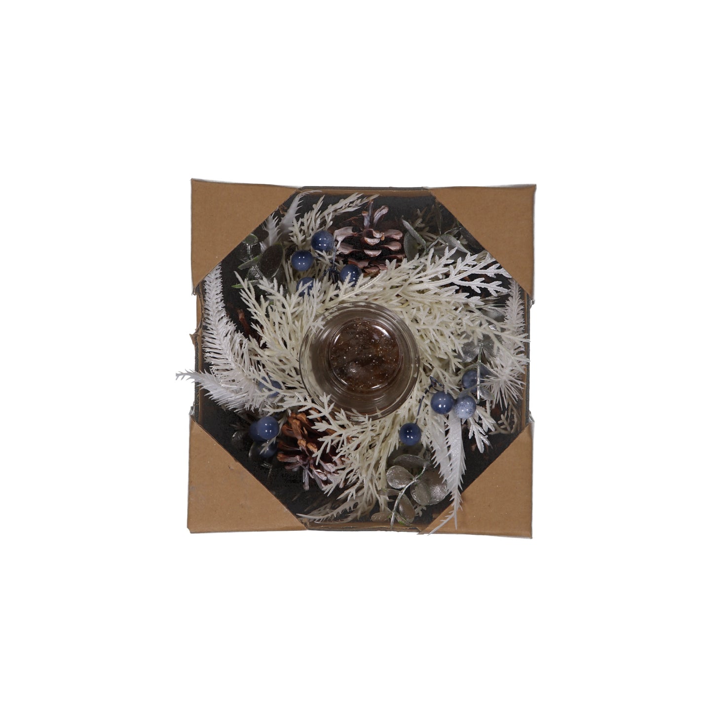 Winter White 1-Glass Cup LED Candle Holder Centrepiece with Pinecones & Berries – Christmas Table Décor
