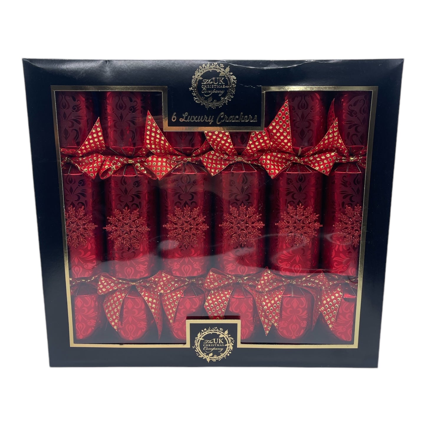 6 Luxury Red Christmas Crackers with Gold Trim & Bows – Festive Dining Table Se