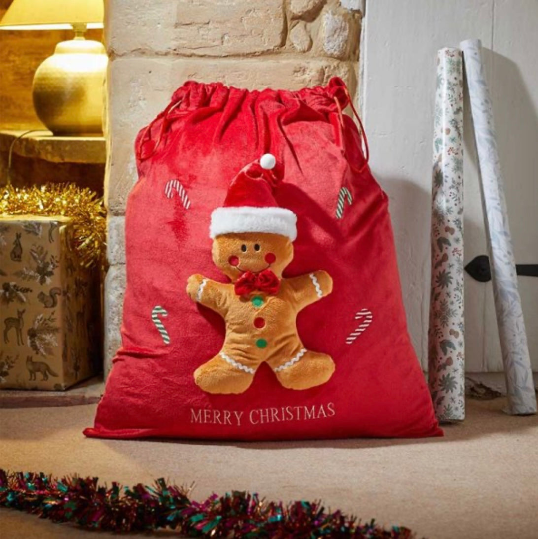 Large Red Christmas Sack with Gingerbread Man – Festive Santa Gift Bag