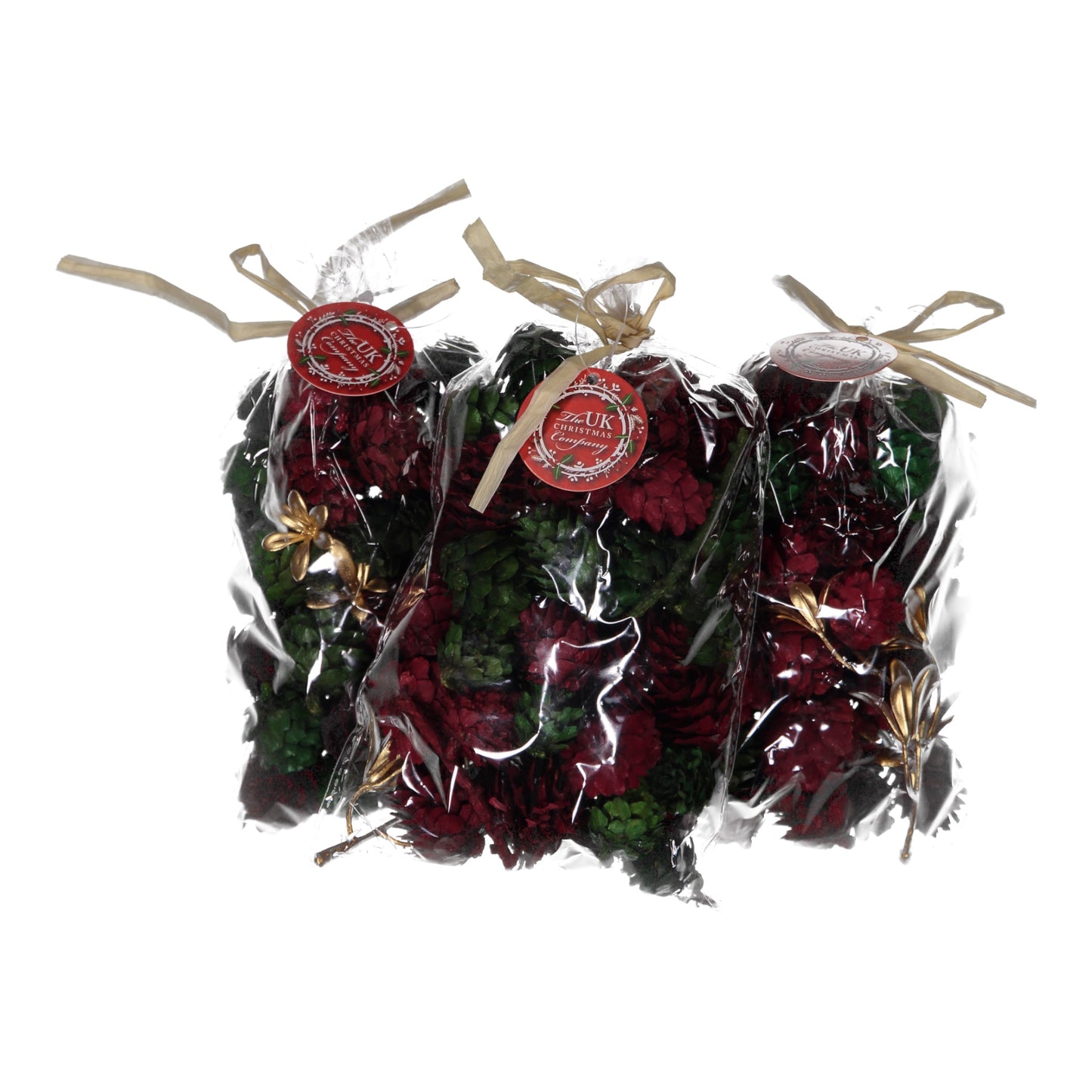 Set of 3 Red & Green Painted Pine Cone Bags with Gold Accents – Festive Christmas Décor & Craft Supplies