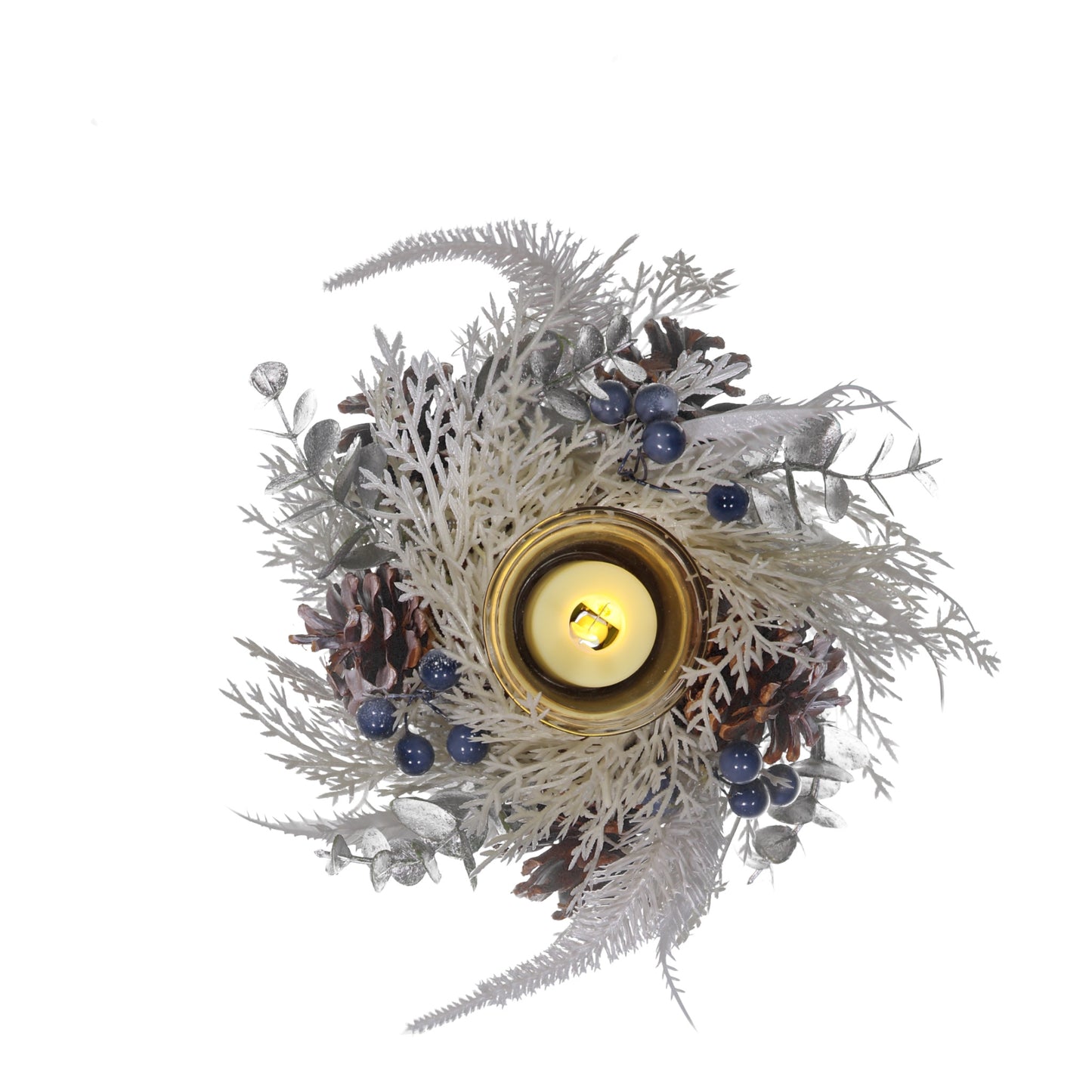 Winter White 1-Glass Cup LED Candle Holder Centrepiece with Pinecones & Berries – Christmas Table Décor