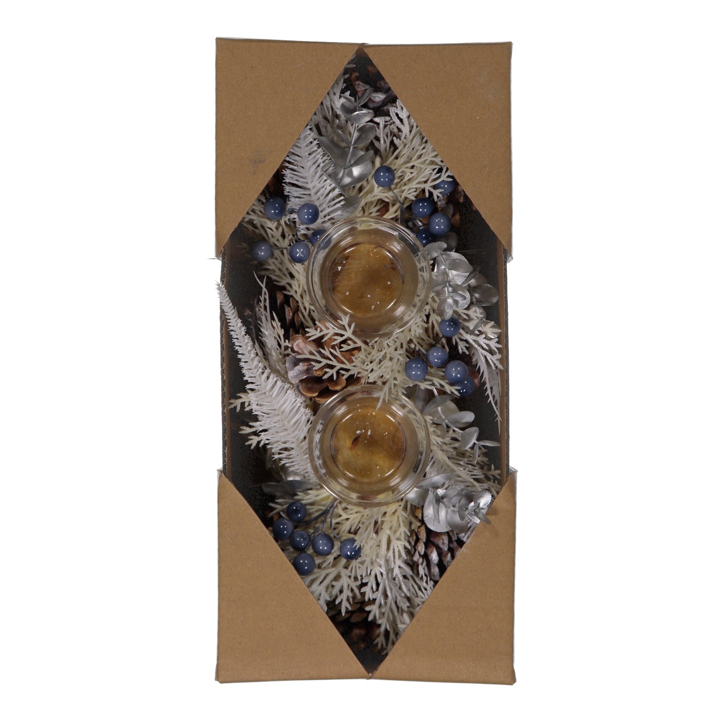 Winter White Christmas Candle Holder Centrepiece – 2 Glass Cups with LED Candles, Pinecones & Berries