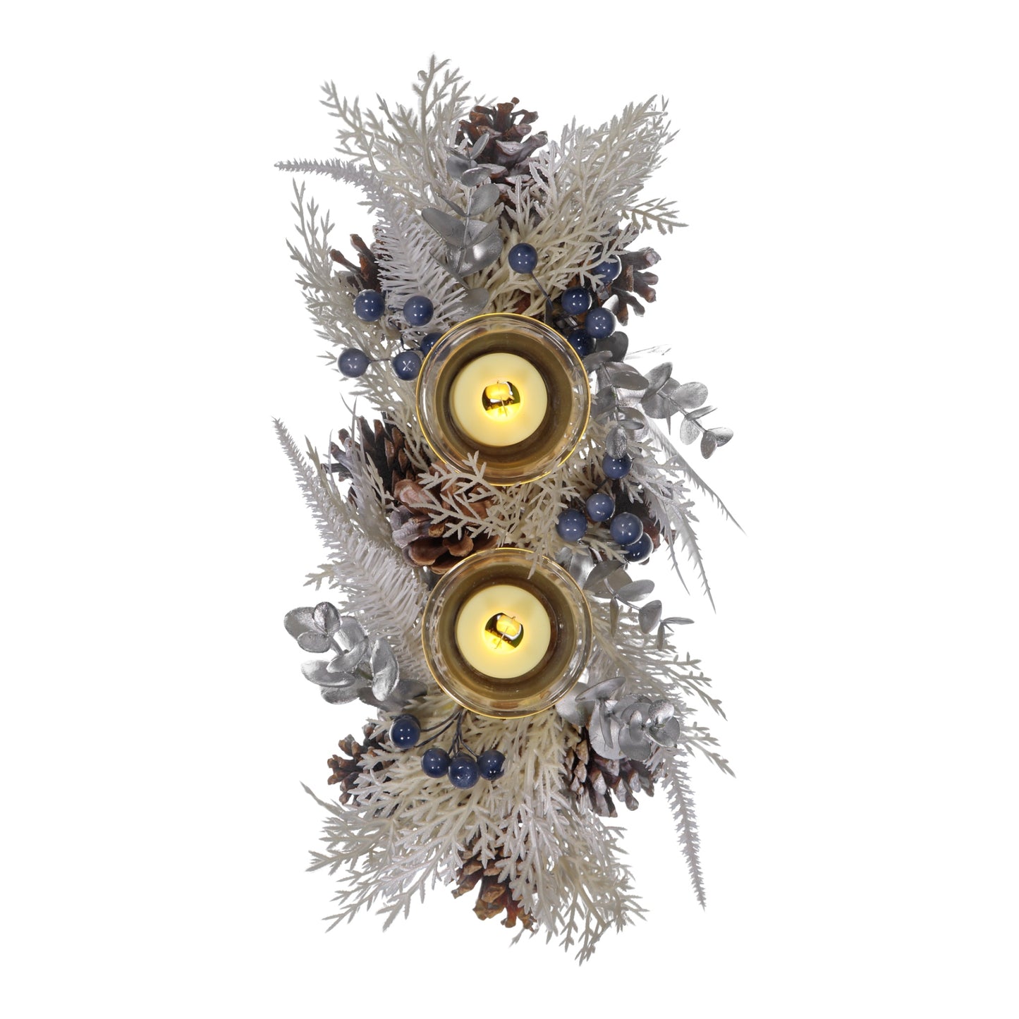 Winter White Christmas Candle Holder Centrepiece – 2 Glass Cups with LED Candles, Pinecones & Berries