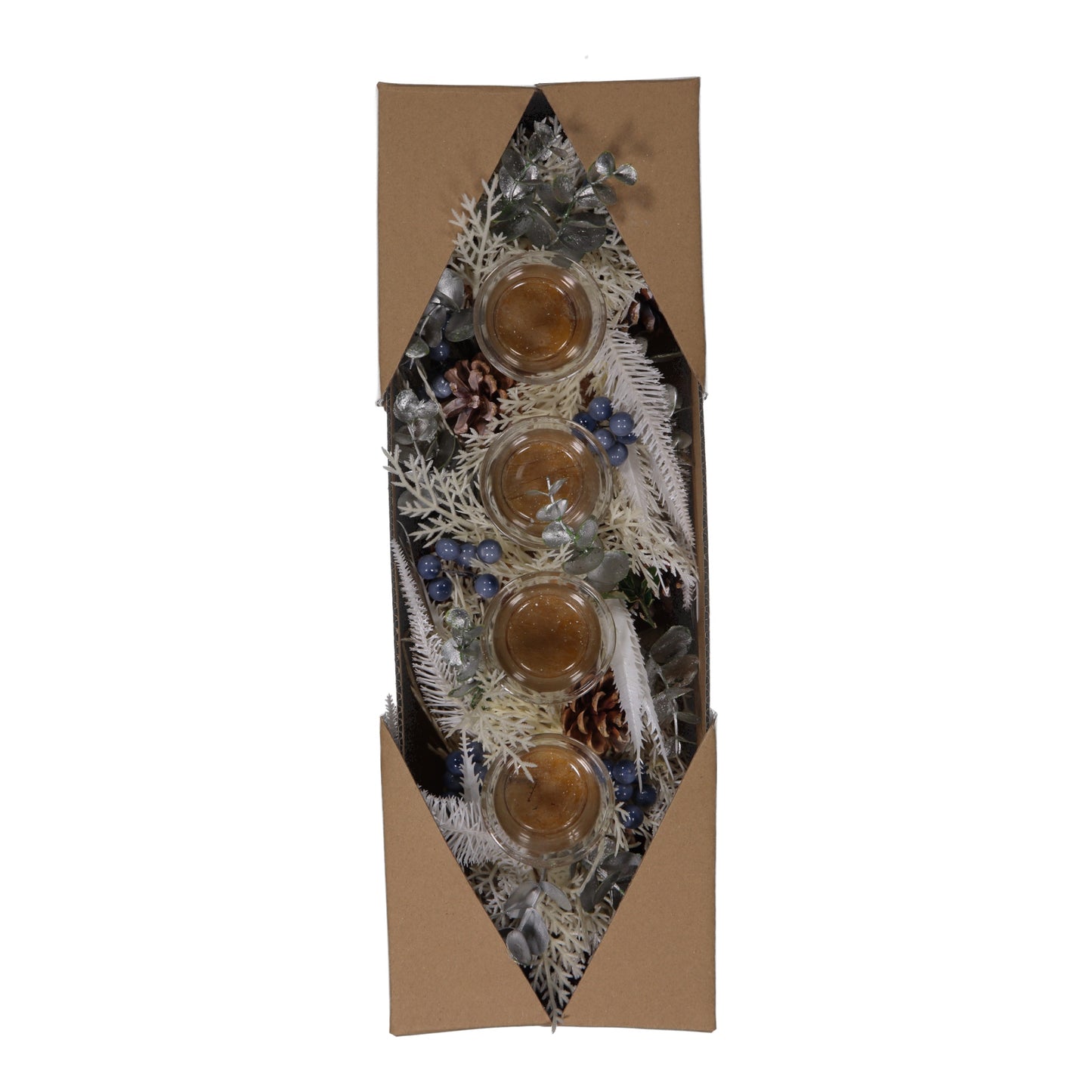 Winter White Christmas Candle Holder – 4 Glass Cups with LED Candles, Pinecones & Berries