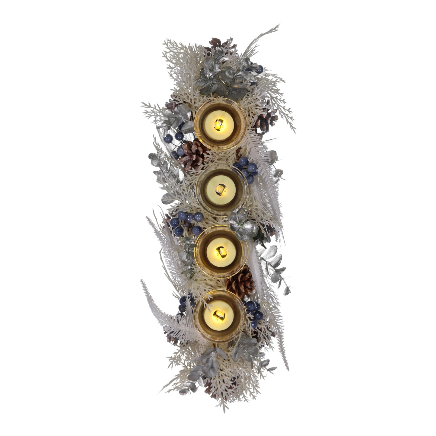 Winter White Christmas Candle Holder – 4 Glass Cups with LED Candles, Pinecones & Berries