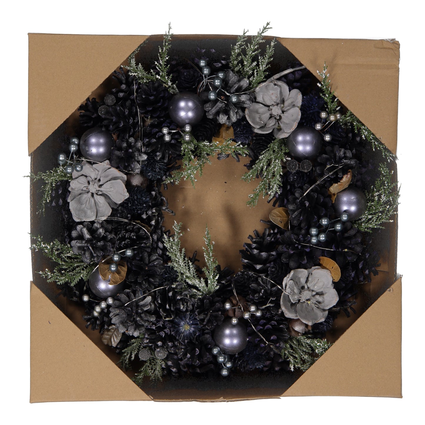 Blue & Silver LED Christmas Wreath – Pinecones, Baubles & Winter Foliage