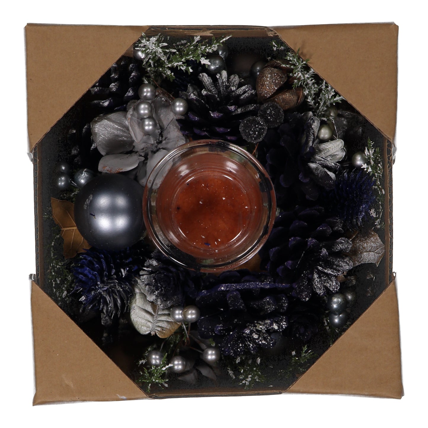 Blue & Silver Christmas Candle Holder – 1 Glass Cup, LED Light, Pinecones & Baubles