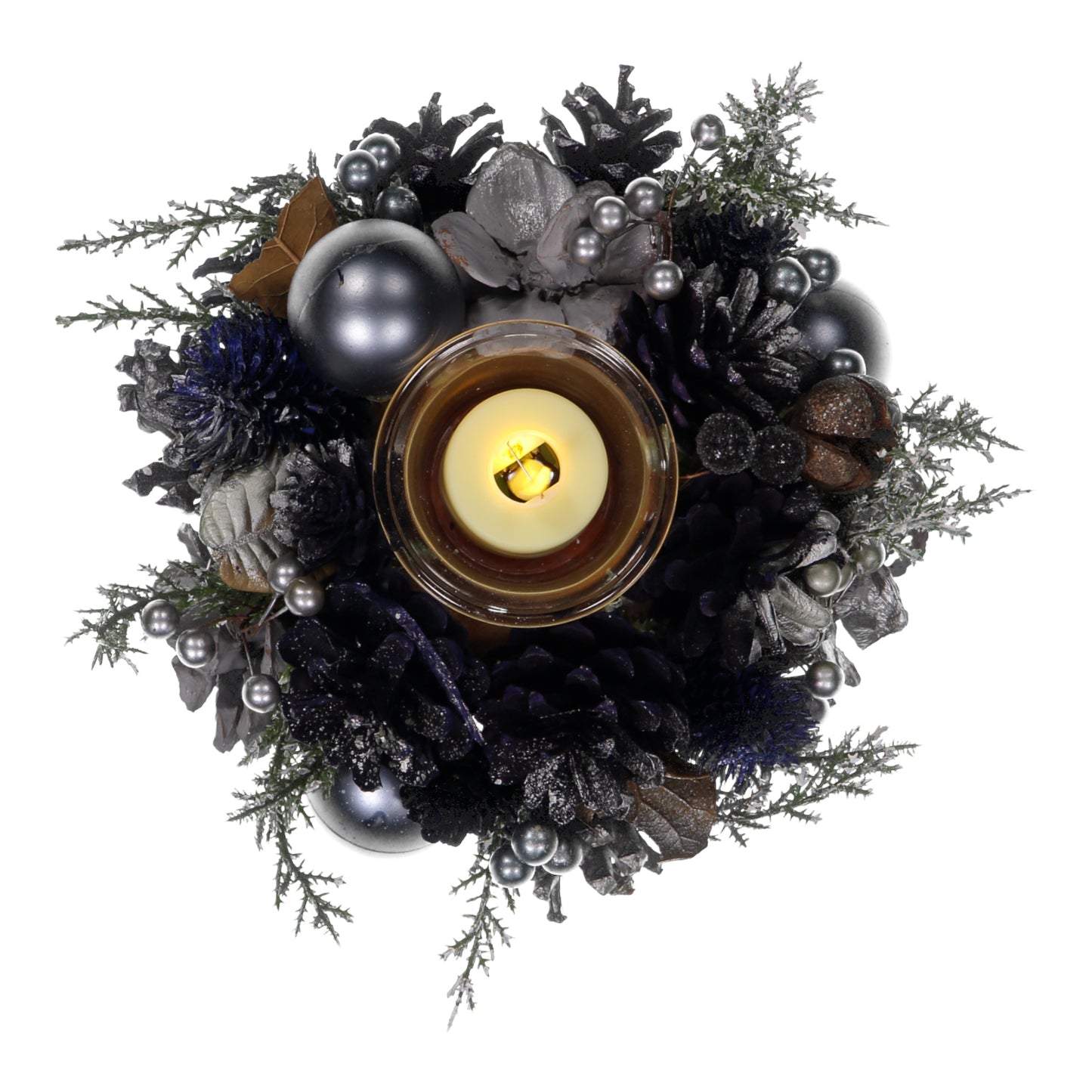 Blue & Silver Christmas Candle Holder – 1 Glass Cup, LED Light, Pinecones & Baubles