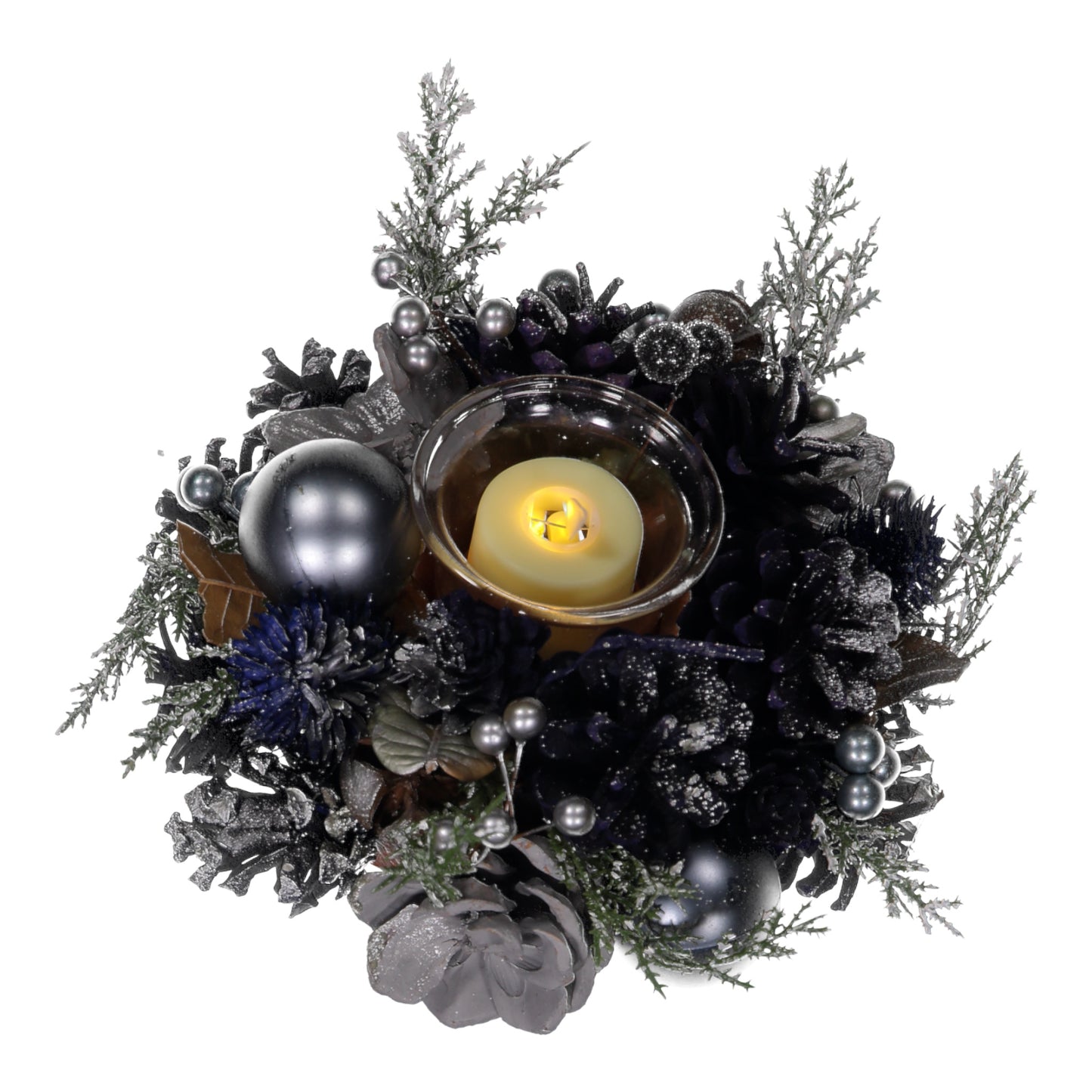Decorative wreath with candles and ornaments on a white background