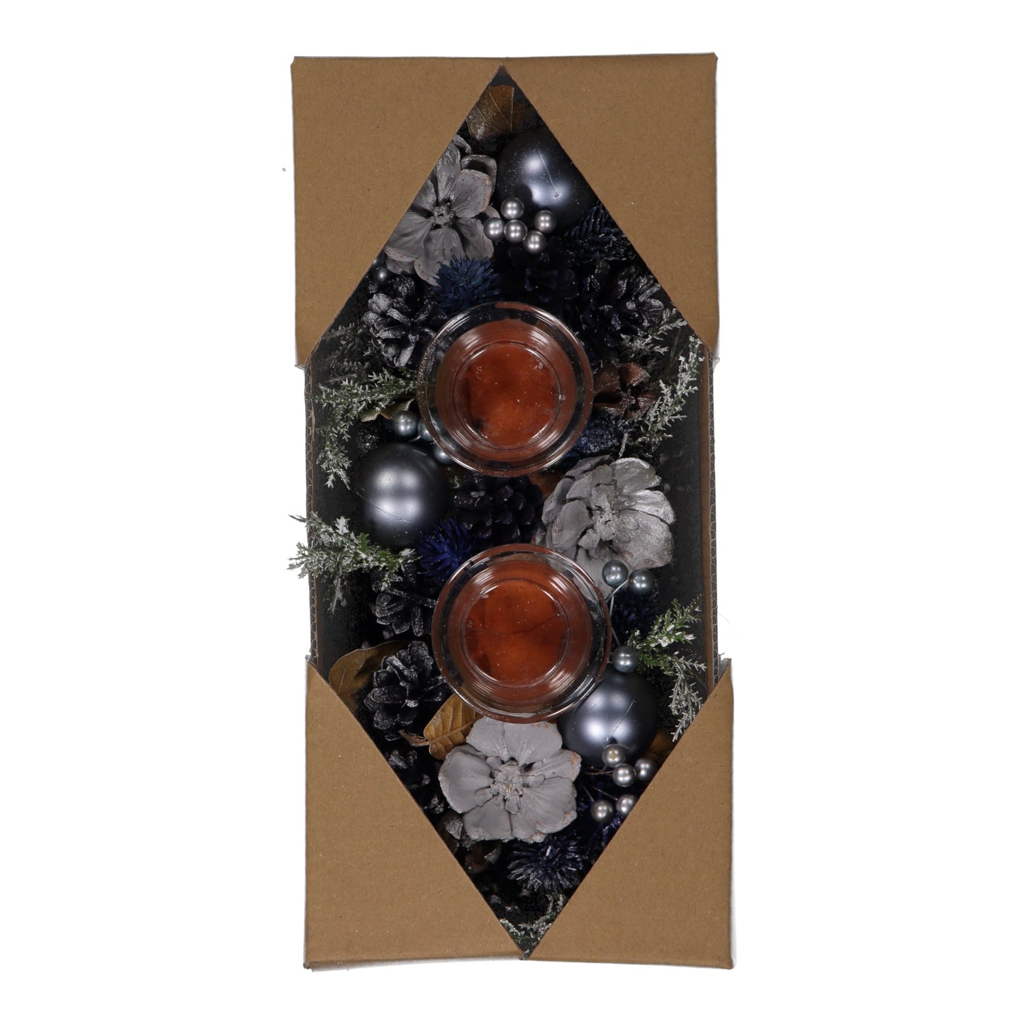 Blue & Silver Christmas Candle Holder – 2 Glass Cups, LED Lights, Pinecones & Baubles