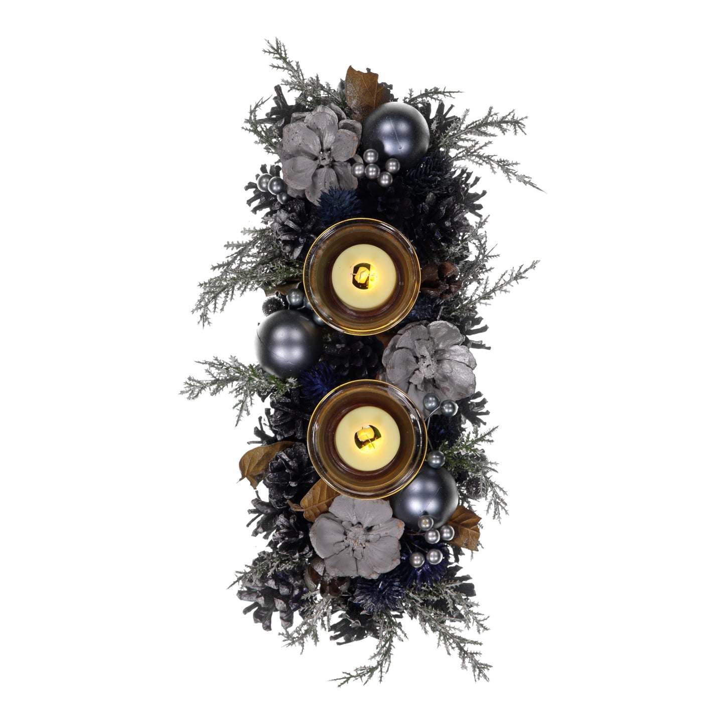 Blue & Silver Christmas Candle Holder – 2 Glass Cups, LED Lights, Pinecones & Baubles