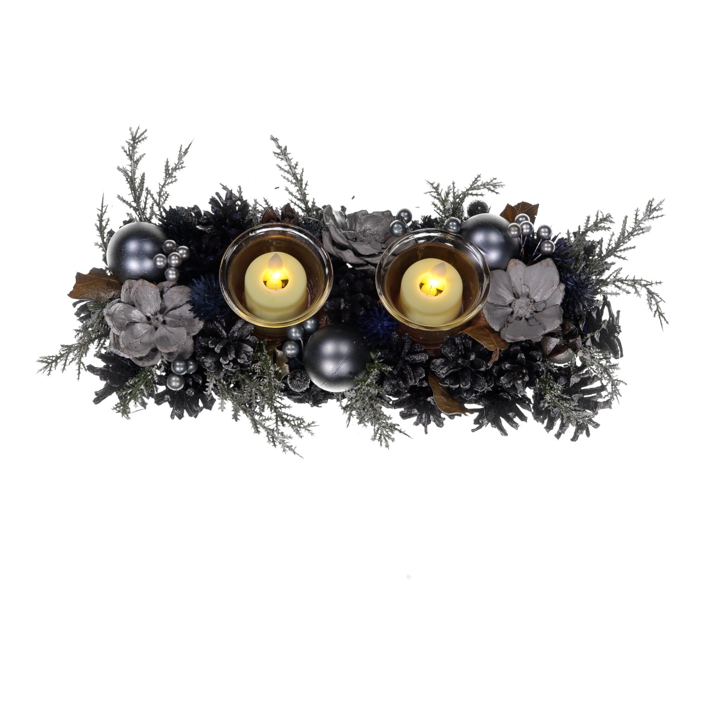 Blue & Silver Christmas Candle Holder – 2 Glass Cups, LED Lights, Pinecones & Baubles