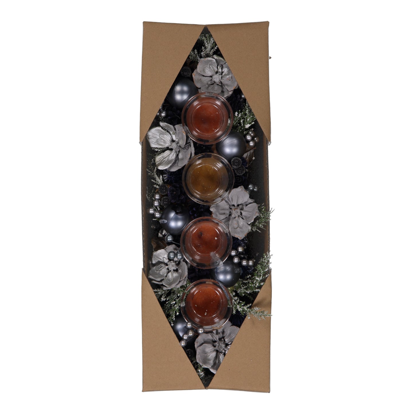 Blue & Silver Christmas Candle Holder – 4 Glass Cups, LED Lights, Pinecones & Baubles