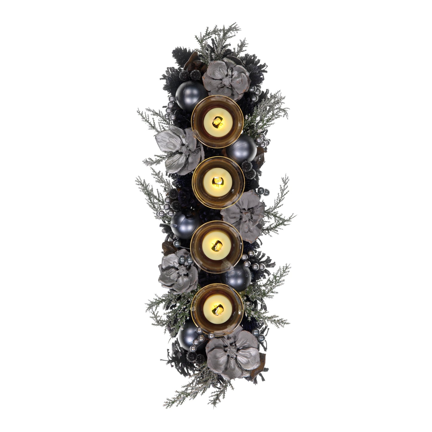 Blue & Silver Christmas Candle Holder – 4 Glass Cups, LED Lights, Pinecones & Baubles