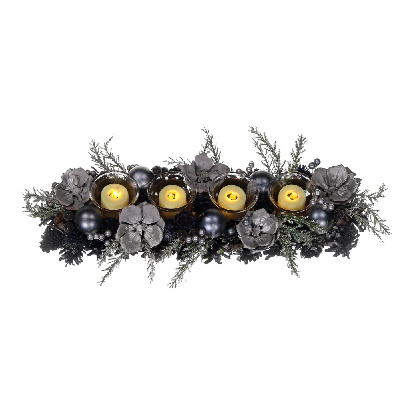 Decorative wreath with candles and flowers on a white background