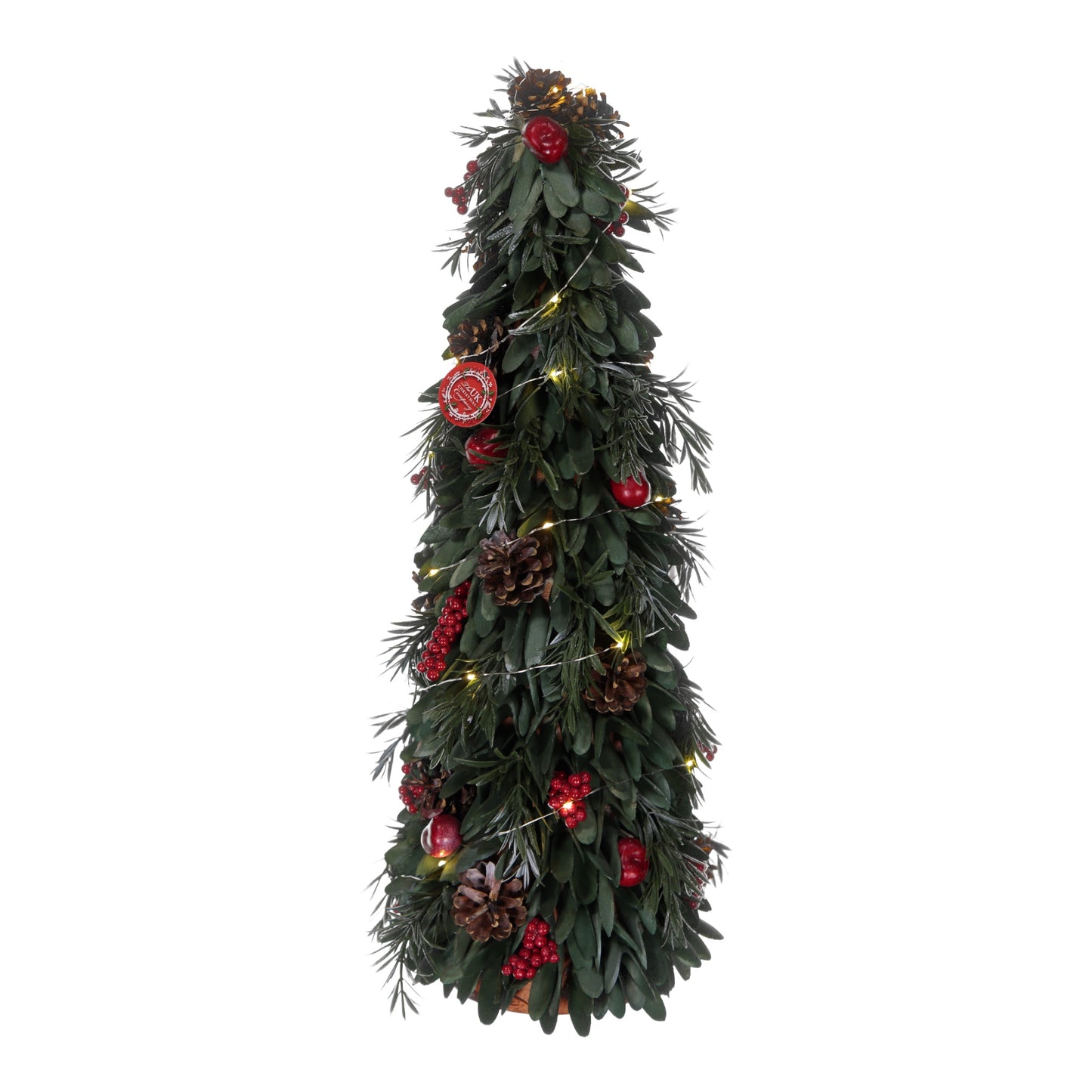 Decorative Christmas garland with lights, pinecones, and red ornaments on a white background