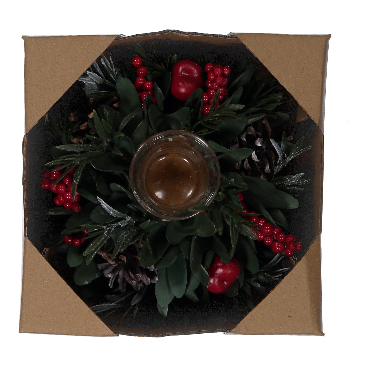 1 Glass Cup Red Berry & Pinecone Christmas Candle Holder – Festive LED Centrepiece