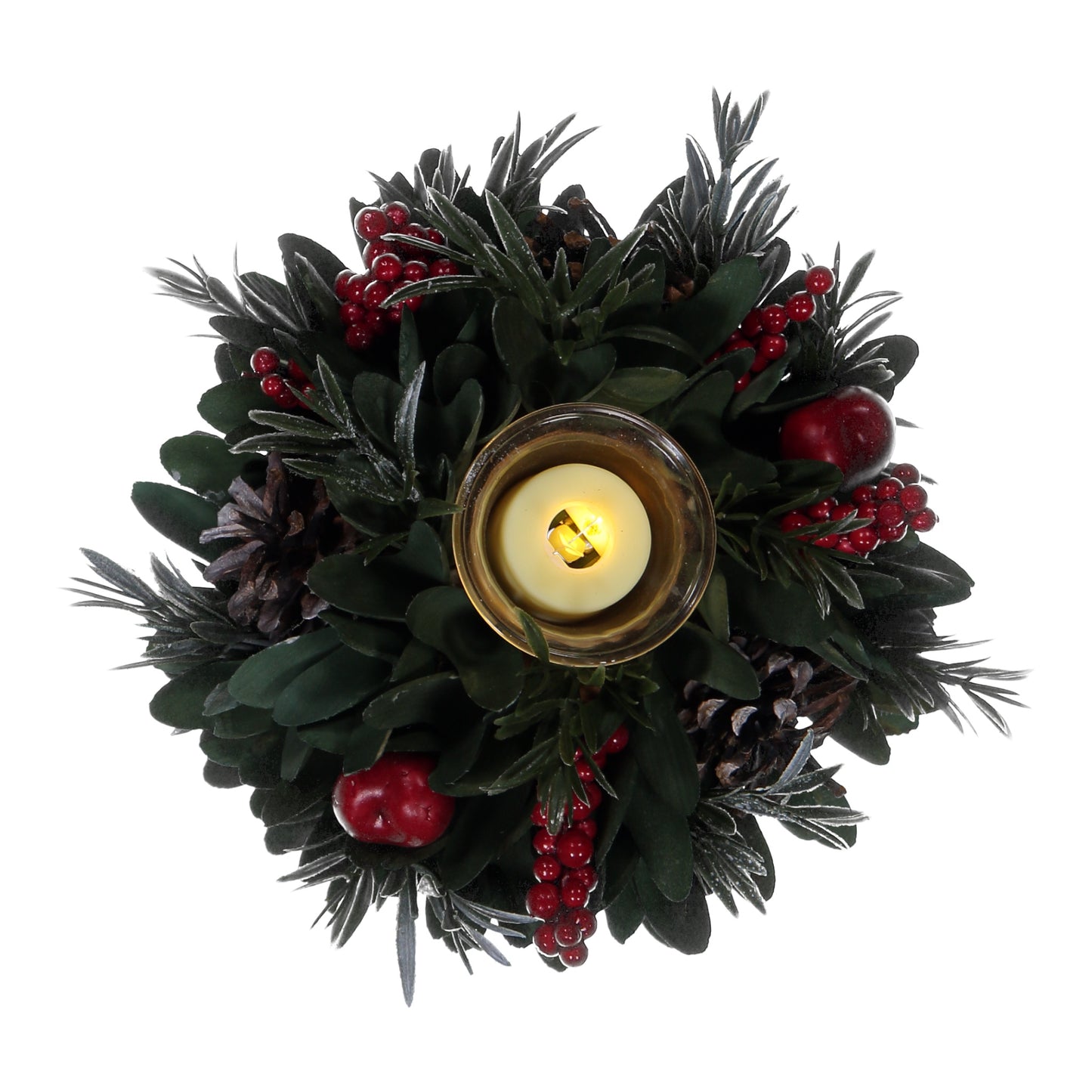 1 Glass Cup Red Berry & Pinecone Christmas Candle Holder – Festive LED Centrepiece