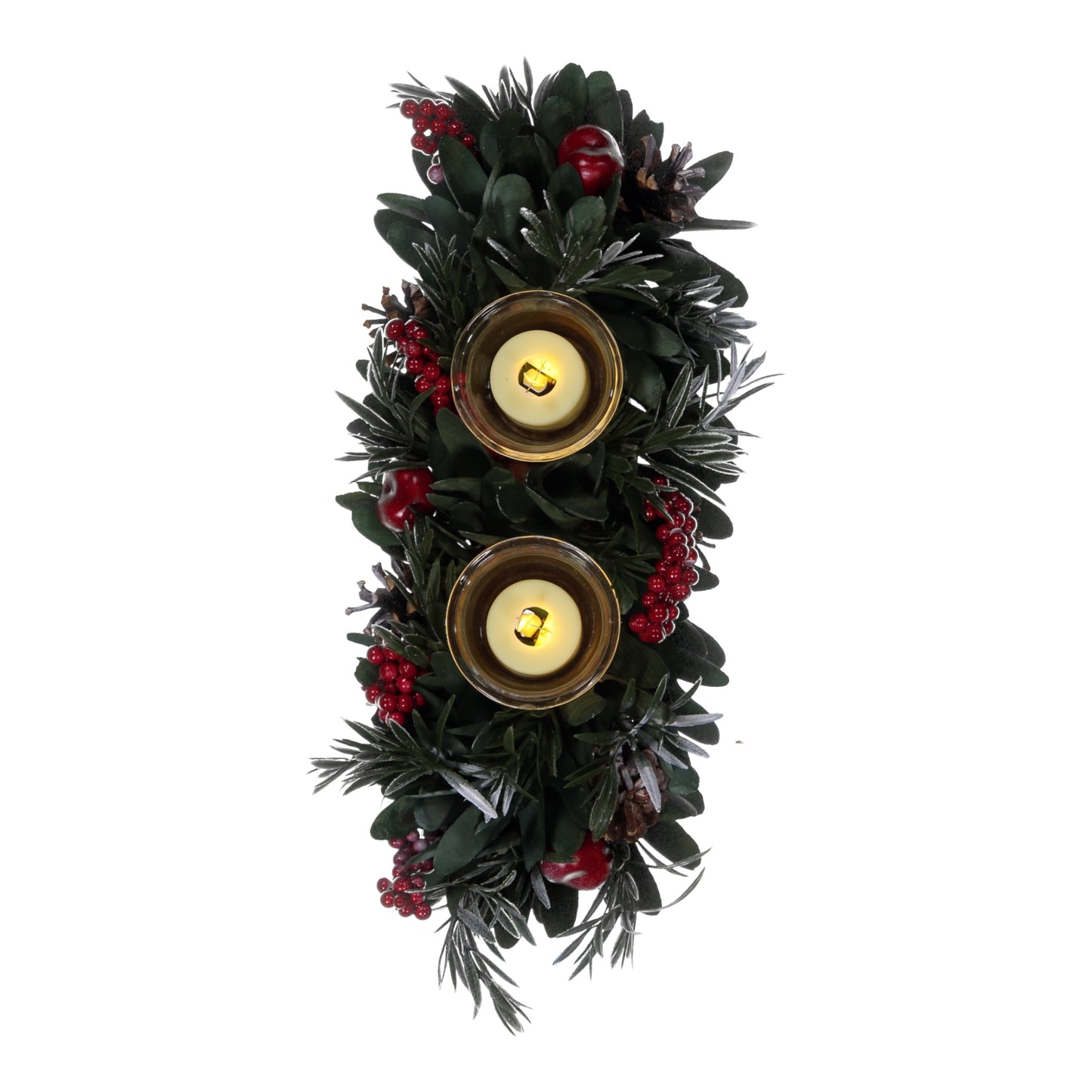 Red Berry & Pinecone Christmas Candle Holder – 2 Glass Cups Festive Centrepiece