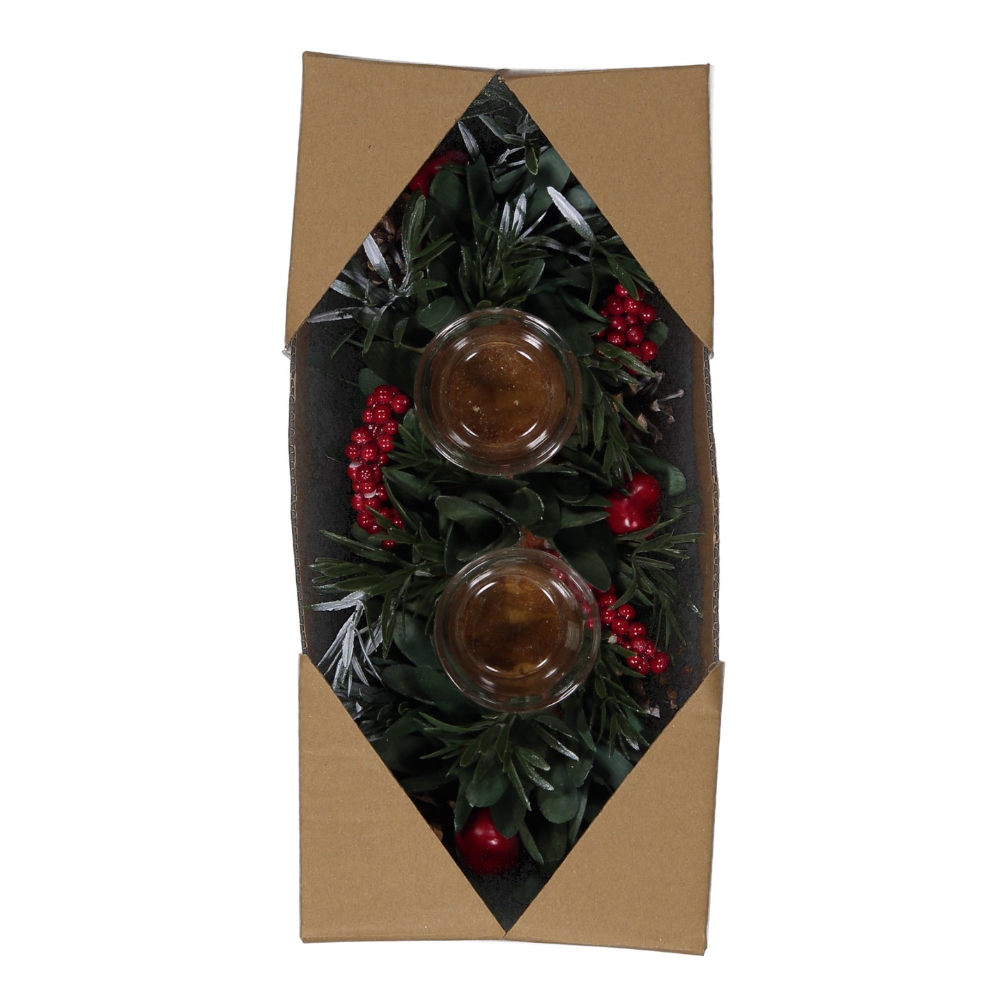 Red Berry & Pinecone Christmas Candle Holder – 2 Glass Cups Festive Centrepiece