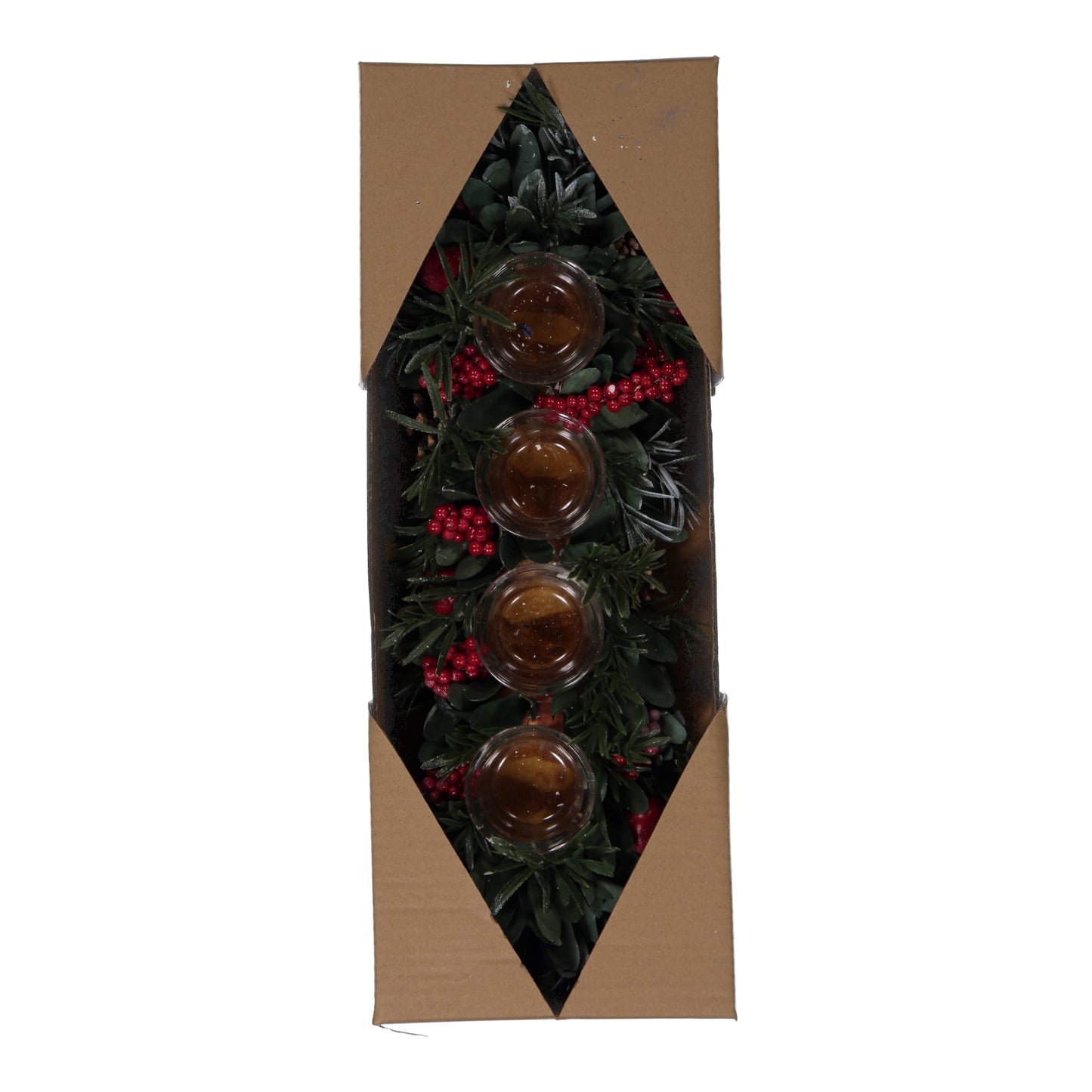 Red Berry & Pinecone Christmas Candle Holder – 4 Glass Cups Holiday Centrepiece
