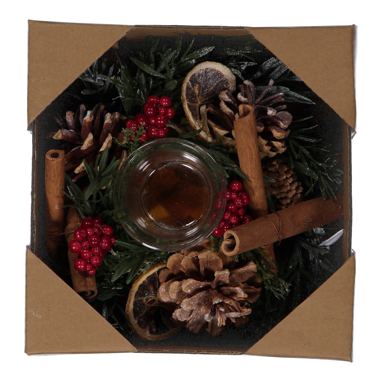 Cinnamon & Pinecone Christmas Candle Holder – 1 Glass Cup with LED Light – Festive Table Decoration