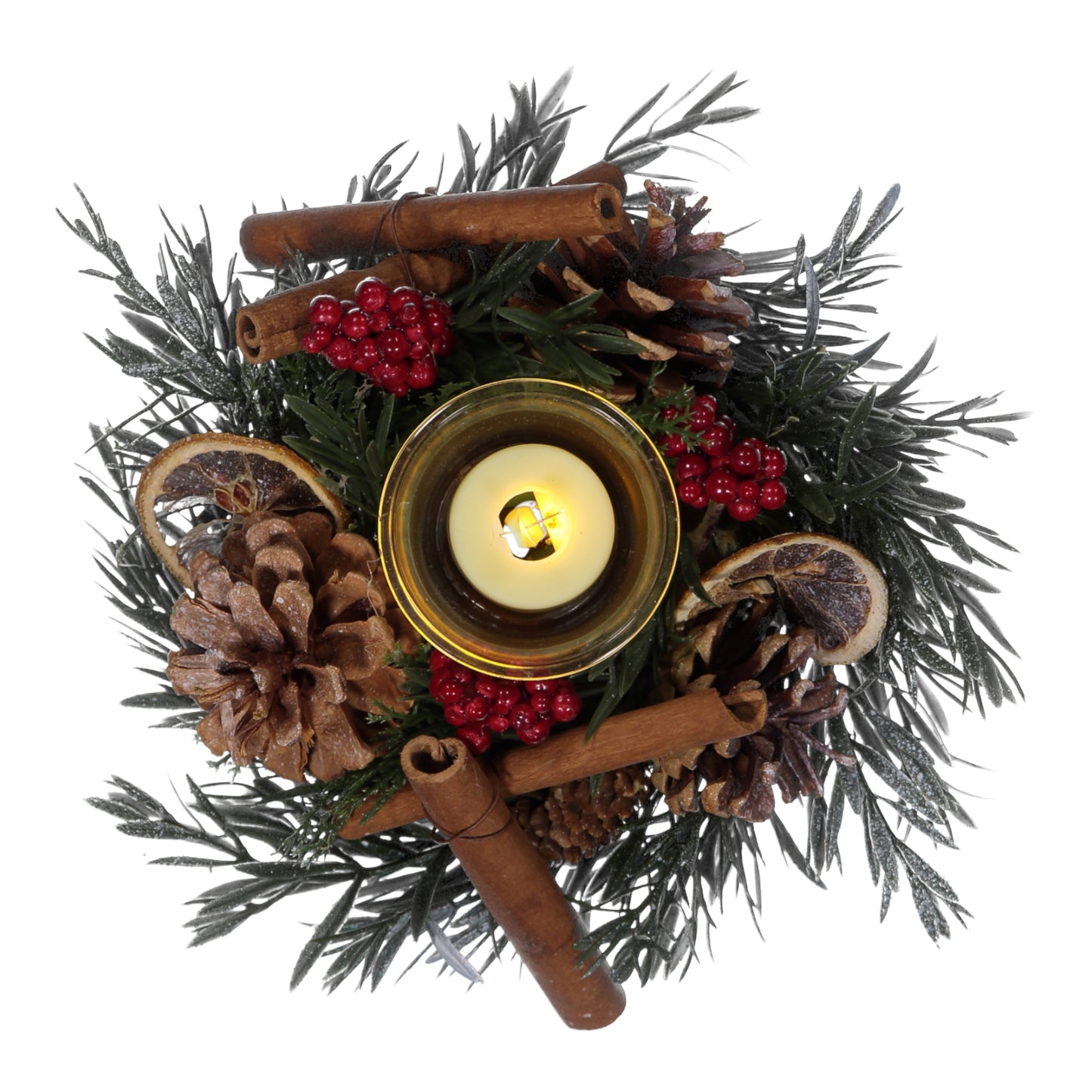 Cinnamon & Pinecone Christmas Candle Holder – 1 Glass Cup with LED Light – Festive Table Decoration