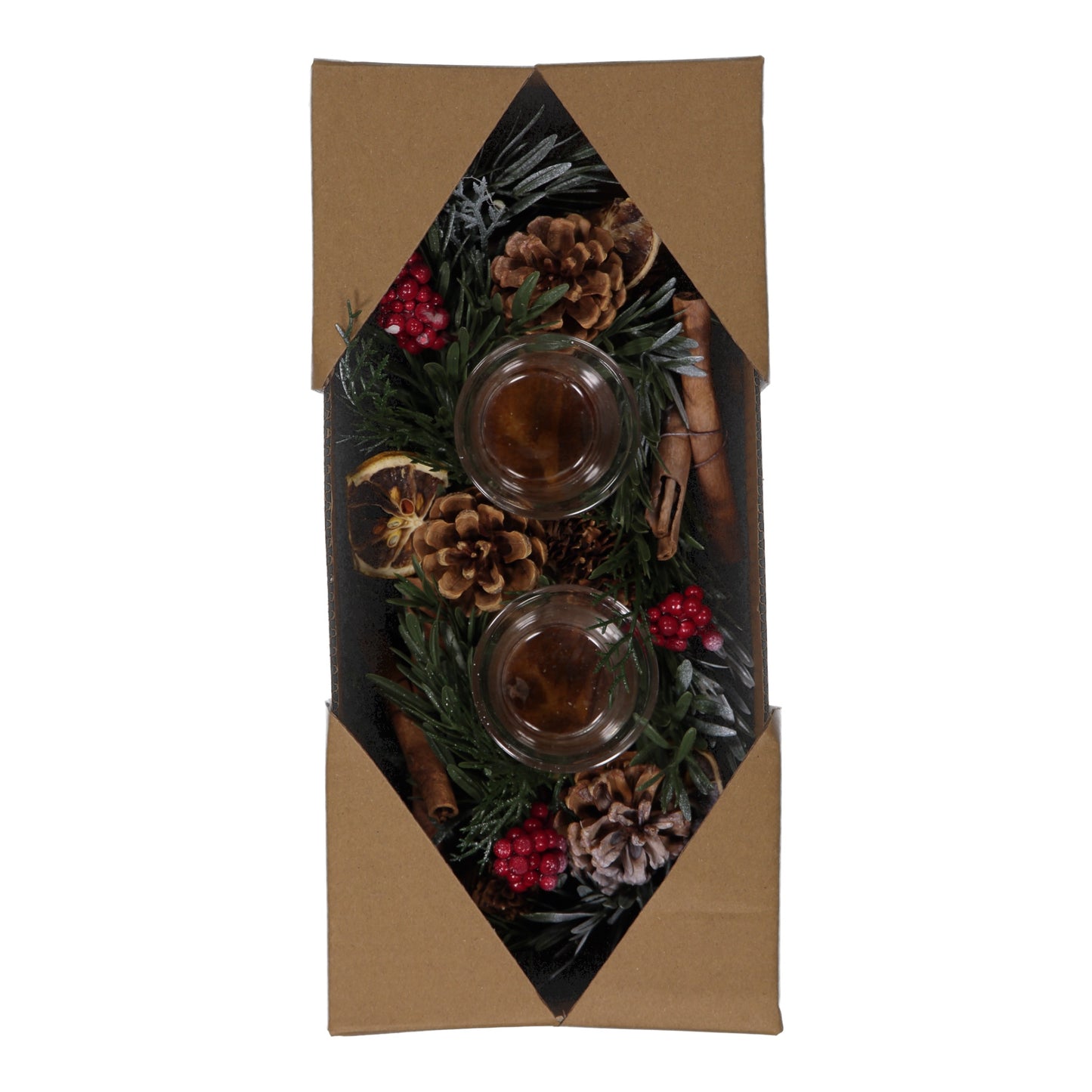 Cinnamon & Pinecone Christmas Candle Holder – 2 Glass Cups with LED Lights – Rustic Festive Centrepiece