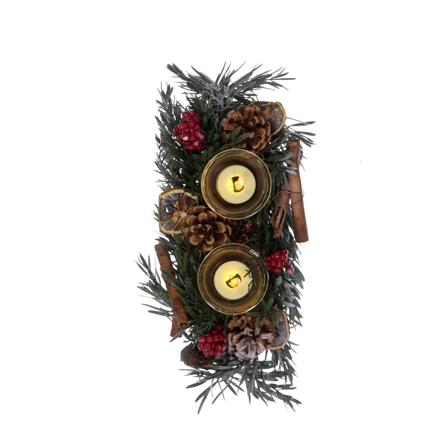 Cinnamon & Pinecone Christmas Candle Holder – 2 Glass Cups with LED Lights – Rustic Festive Centrepiece