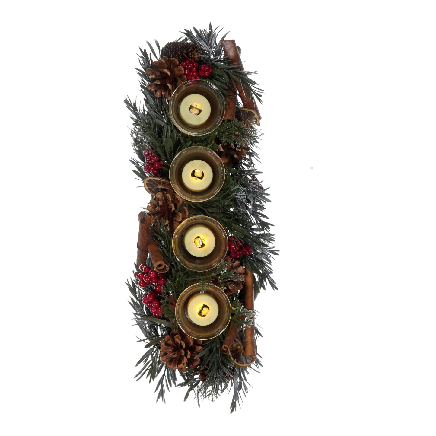 Red Berry & Pinecone Christmas Candle Holder – 4 Glass Cups Holiday Centrepiece