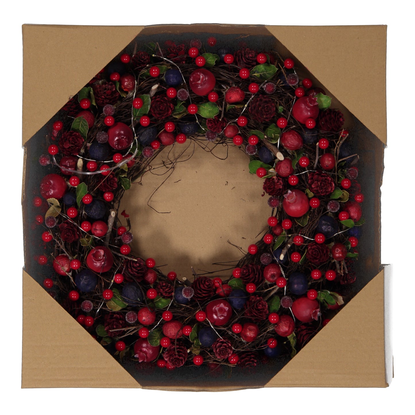 Red & Blue Berry Christmas Wreath with Pinecones & LED Lights – Festive Door or Wall Decoration