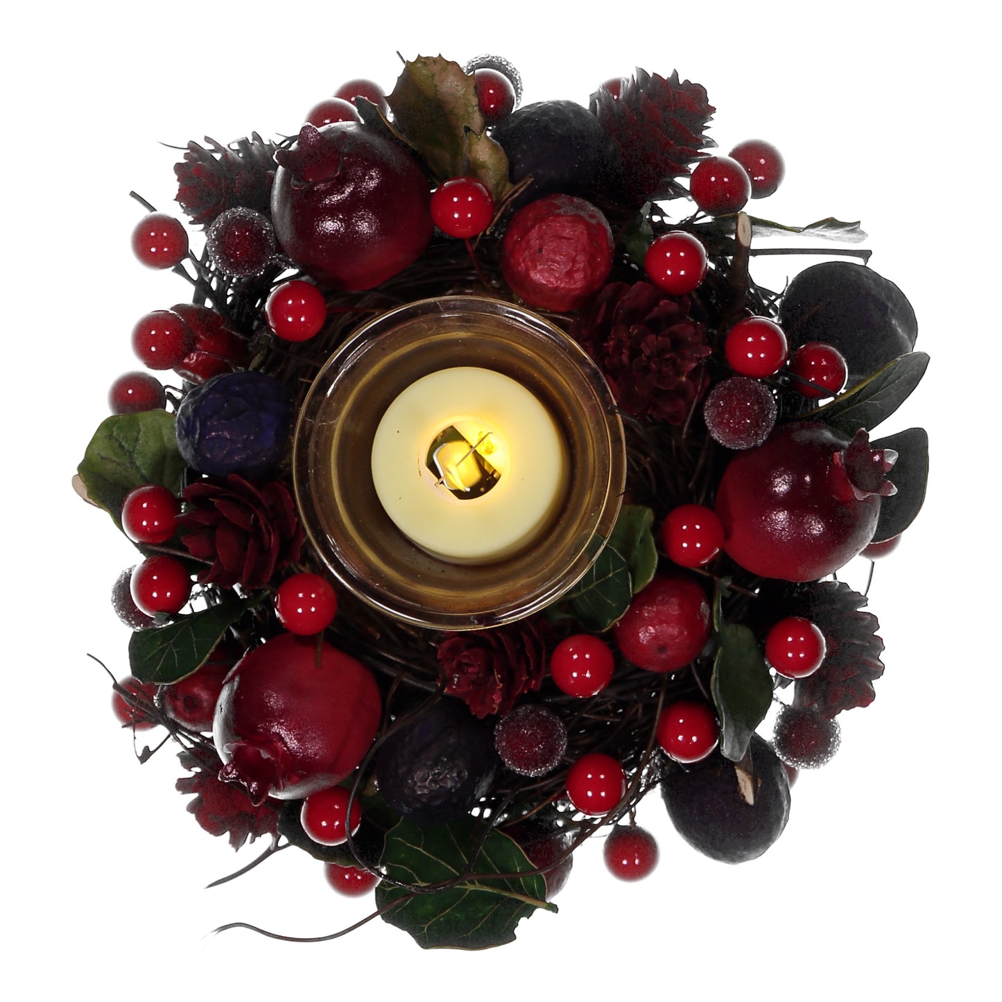 Red & Blue Berry Candle Holder with 1 Glass Cup – Festive LED Table Centerpiece