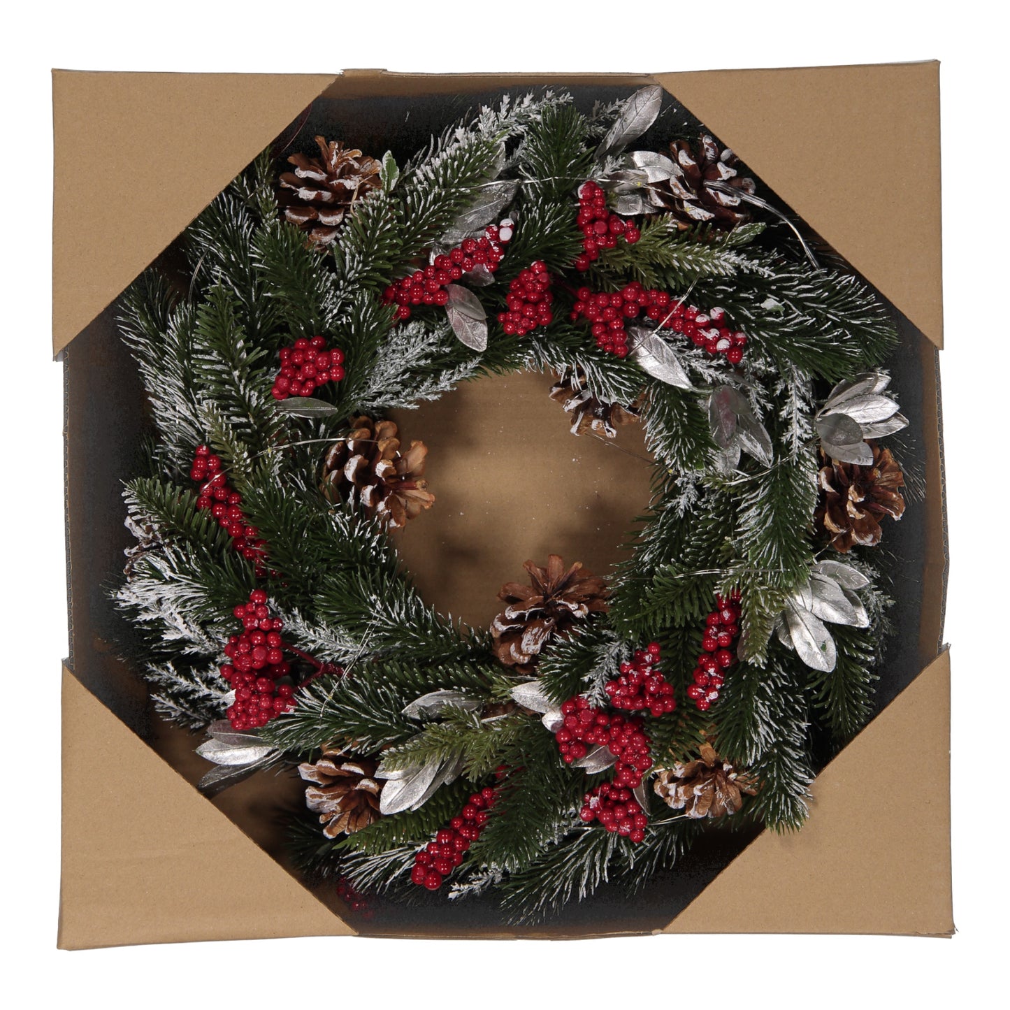 Frosted Pinecone & Berry Christmas Wreath with LED Lights – 40cm