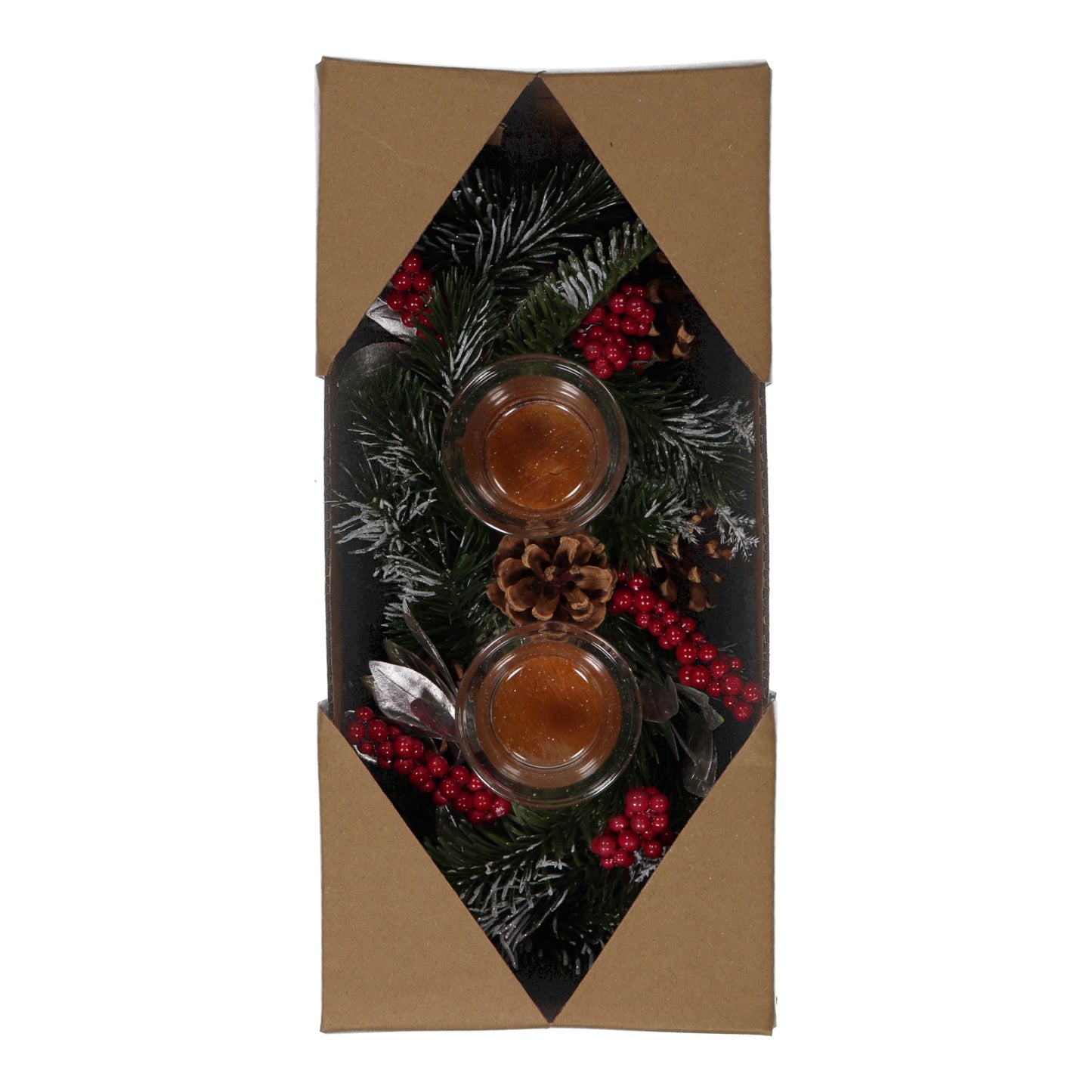 Frosted Pinecone & Berry Candle Holder with LED Tea Lights – 2 Cups