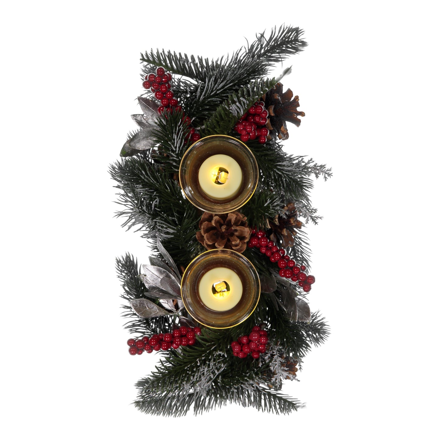 Frosted Pinecone & Berry Candle Holder with LED Tea Lights – 2 Cups