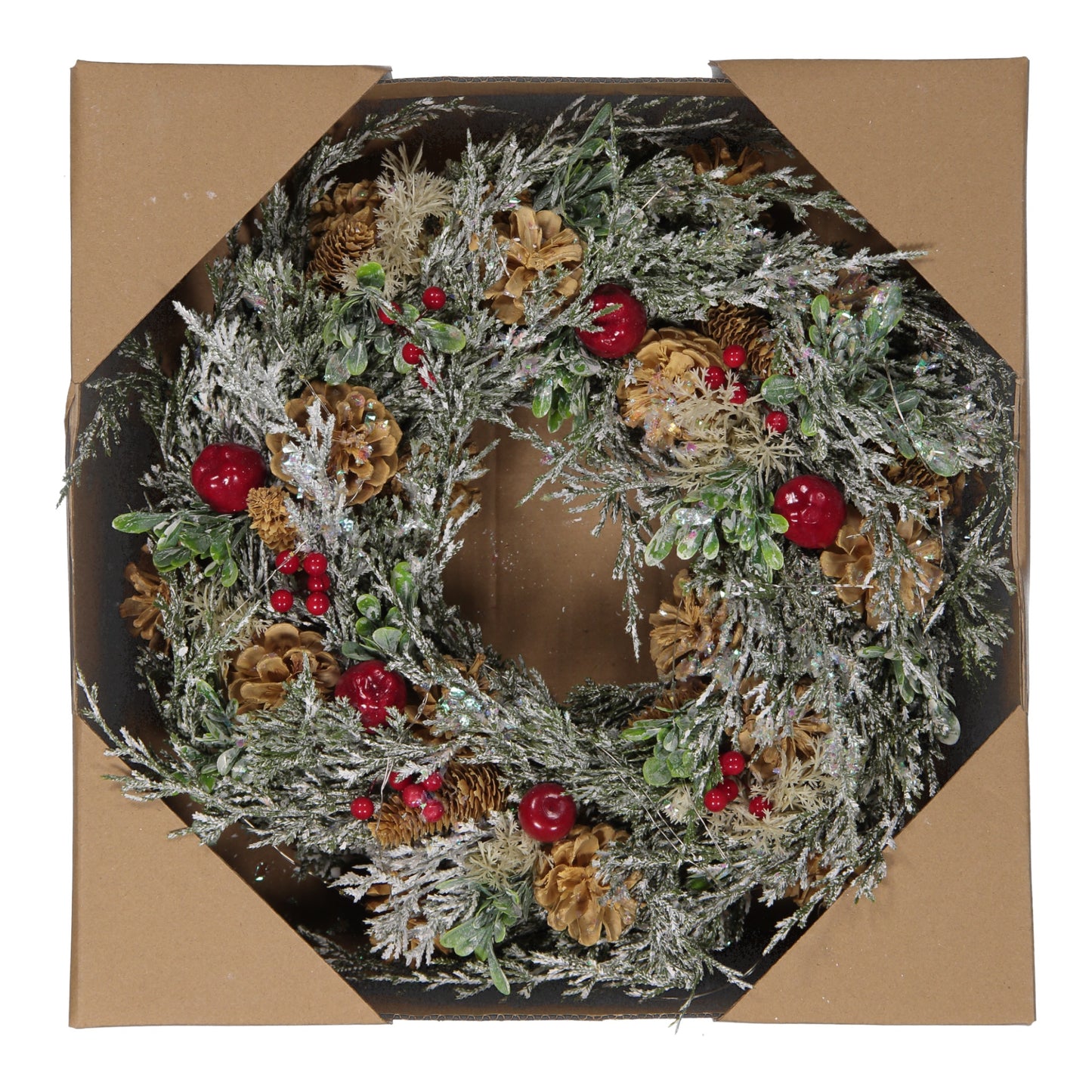 Frosted Pinecone, Red Berry & Apple Christmas Wreath with LED Lights – 40cm