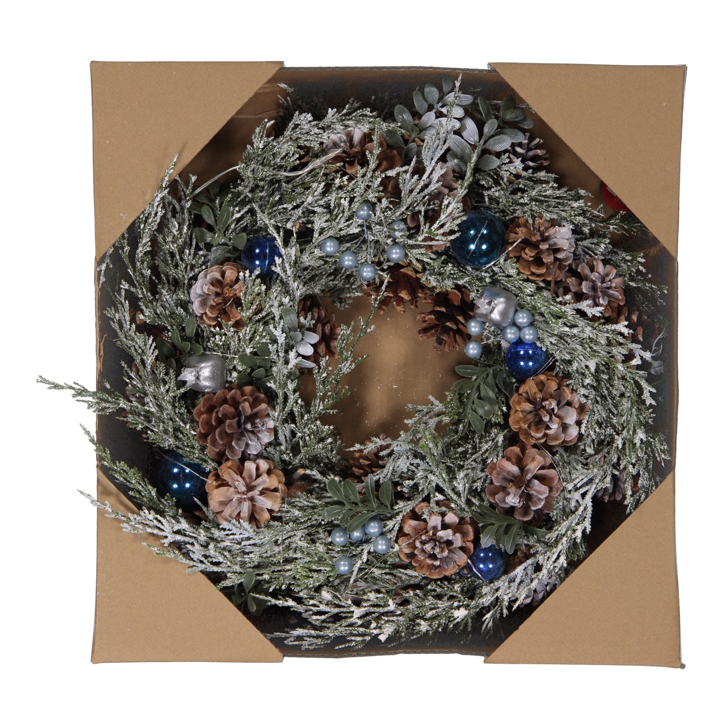 Frosted Pinecone, Blue & Silver Christmas Wreath with LED Lights – 50cm