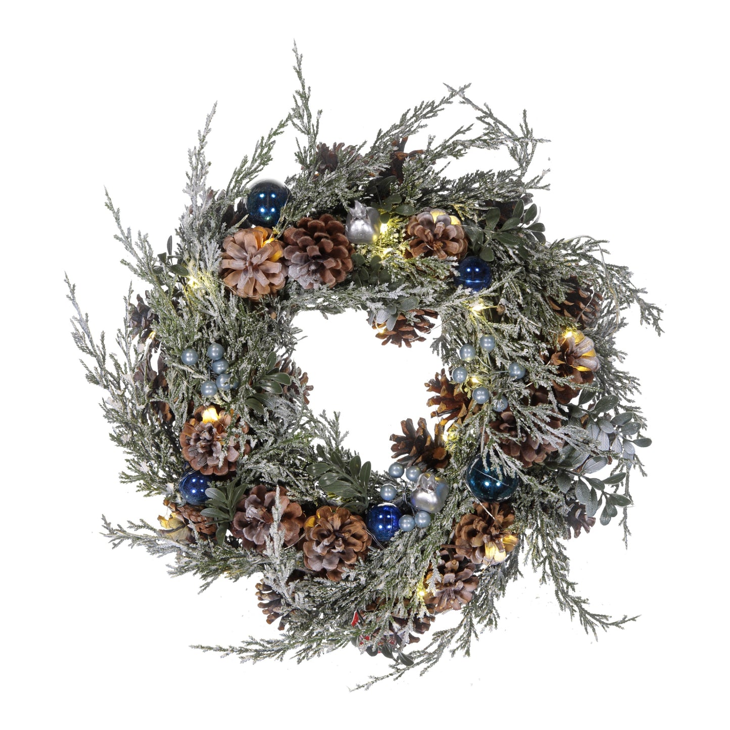 Decorative wreath with pinecones and lights on a white background