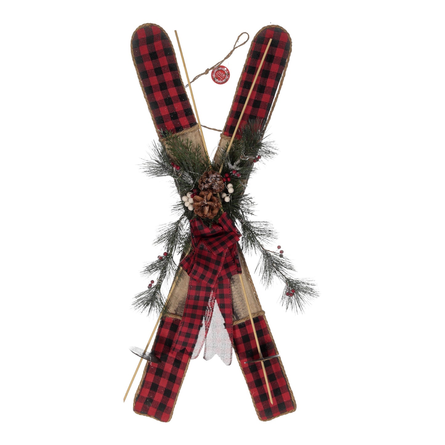 Rustic Plaid Ski Christmas Wall Decoration with Pinecones, Berries & LED Lights β 80cm
