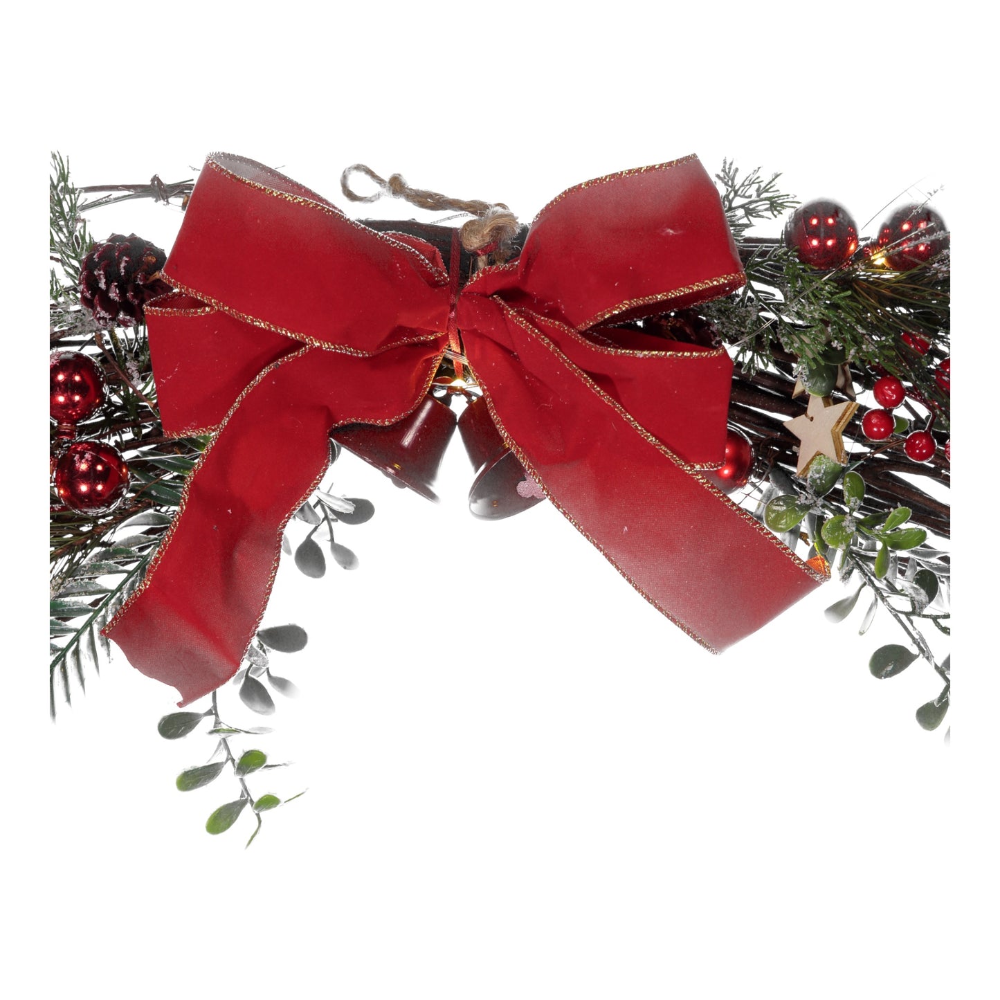 Red Bow Twig Christmas Swag with Frosted Berries, Pinecones & Gold Stars – 100cm