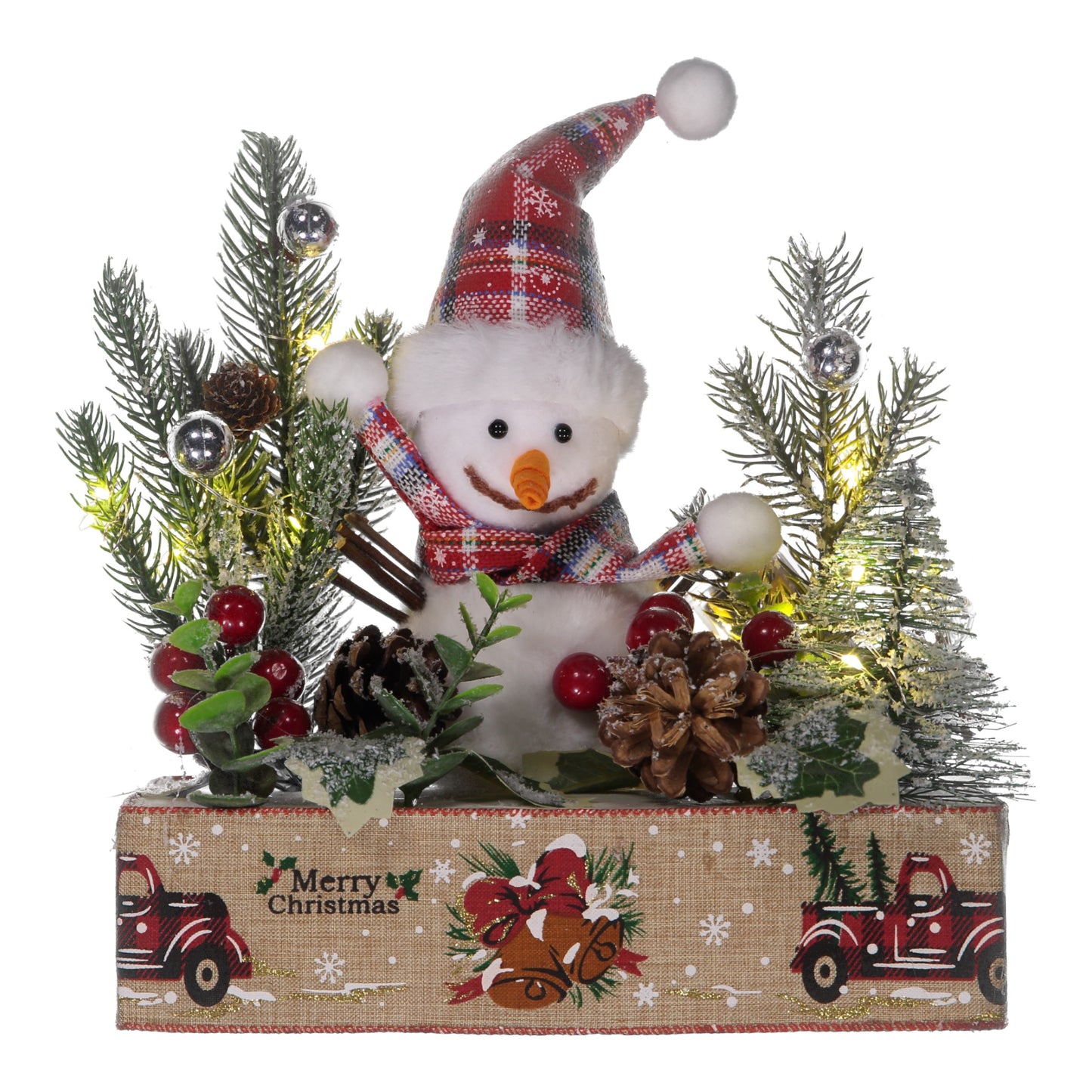 Lighted Christmas Snowman Table Decoration with Trees, Berries & Rustic Box