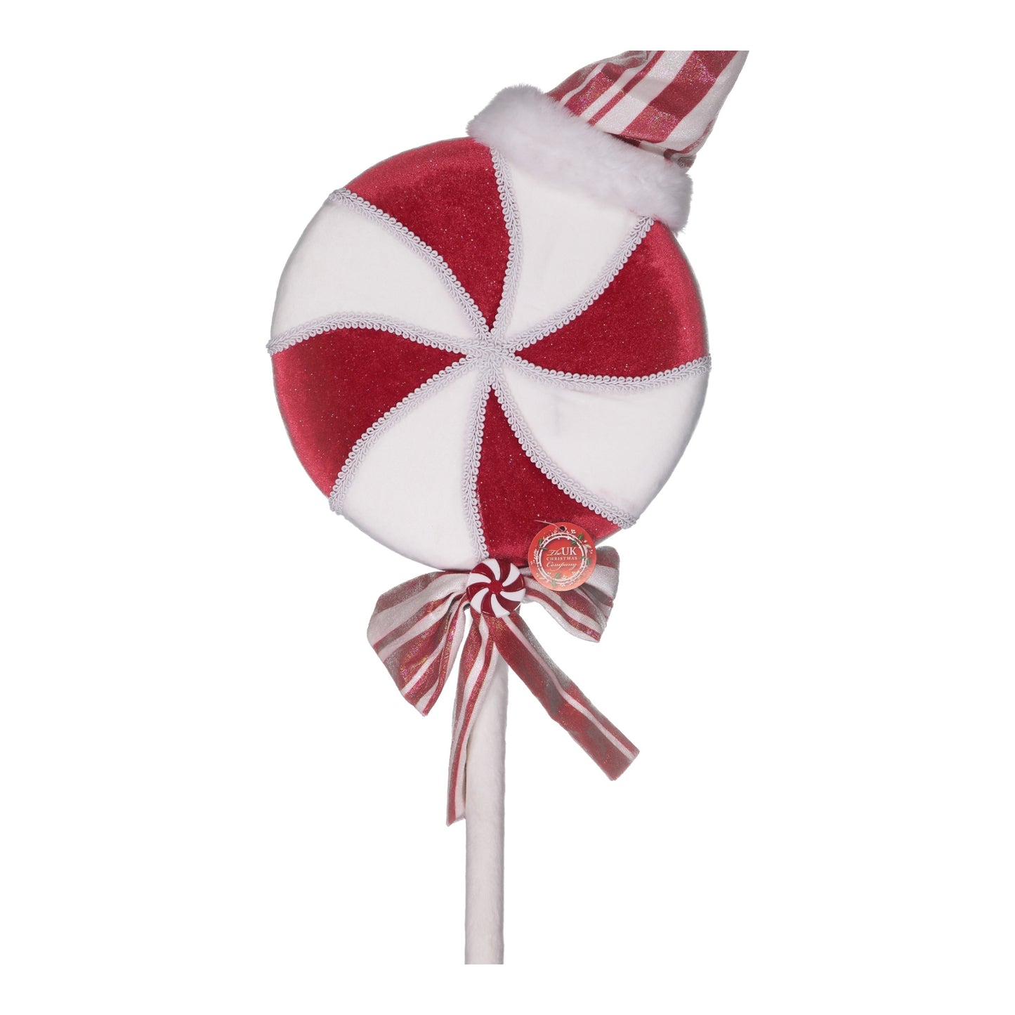 Red & White Peppermint Swirl Lollipop Decoration with Santa Hat & Bow – Festive Holiday Prop