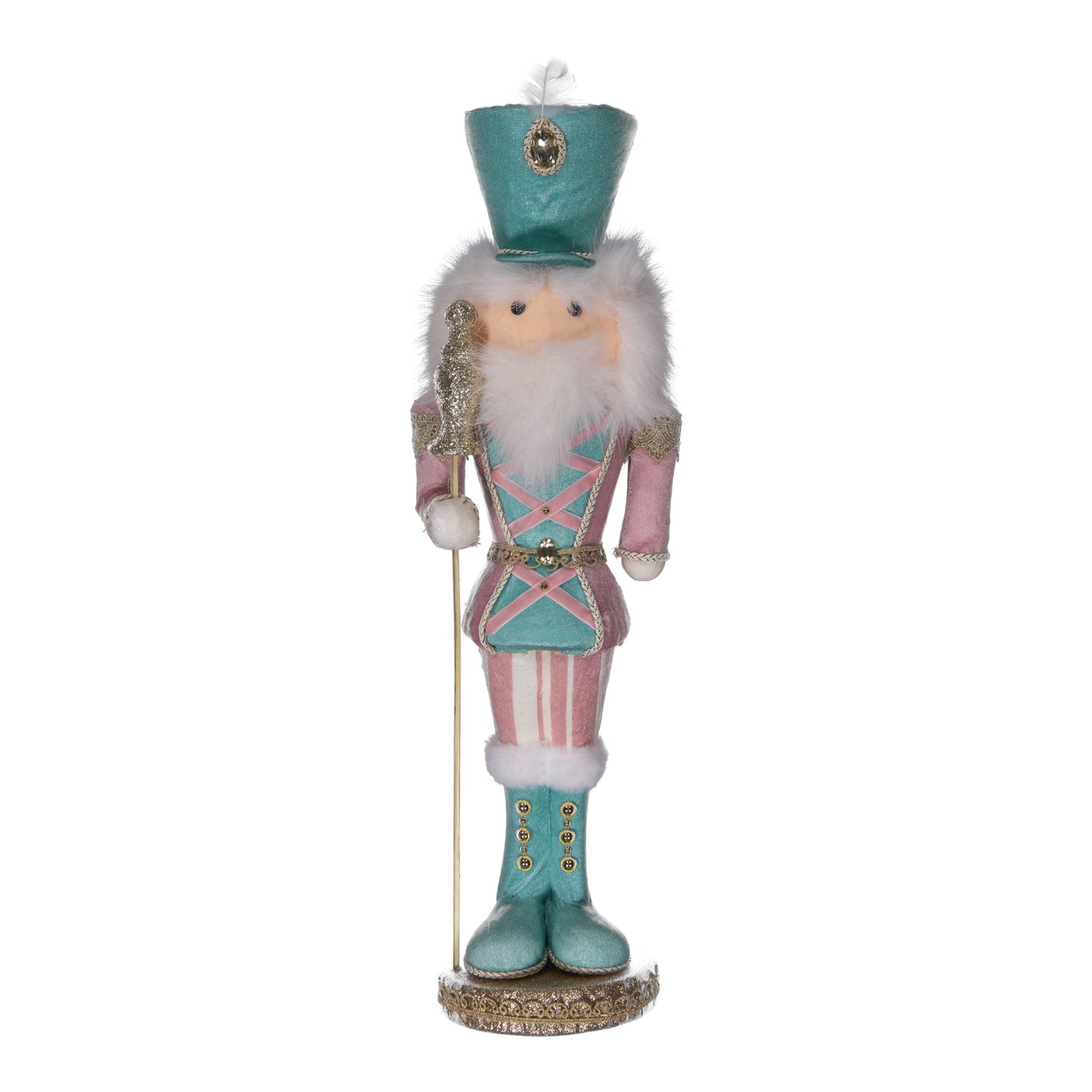 Decorative nutcracker figurine with teal outfit and white beard on a white background