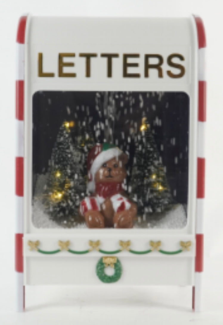 Light Up Teddy Bear Christmas Letter Box Swirling Snow Scene