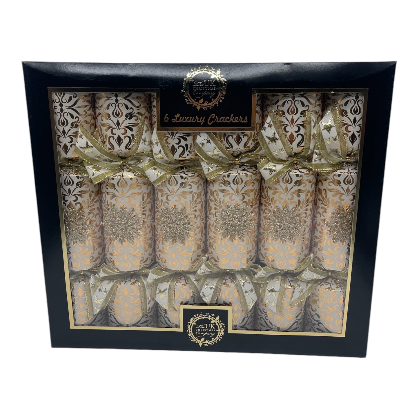 6 Luxury Cream Christmas Crackers with Gold Accents & Bows – Elegant Table Set